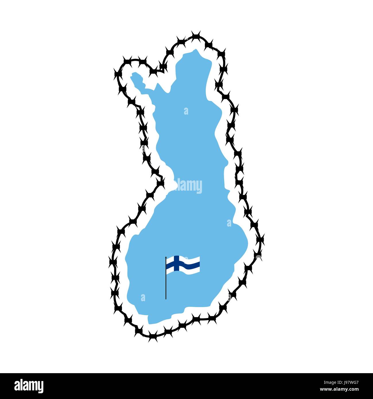 Mappa della Finlandia. Paese di confine si chiude contro i rifugiati. Mappa di Stati con filo spinato. Paese europeo protegge i suoi confini. Bandiera finlandese. Susseguono Illustrazione Vettoriale