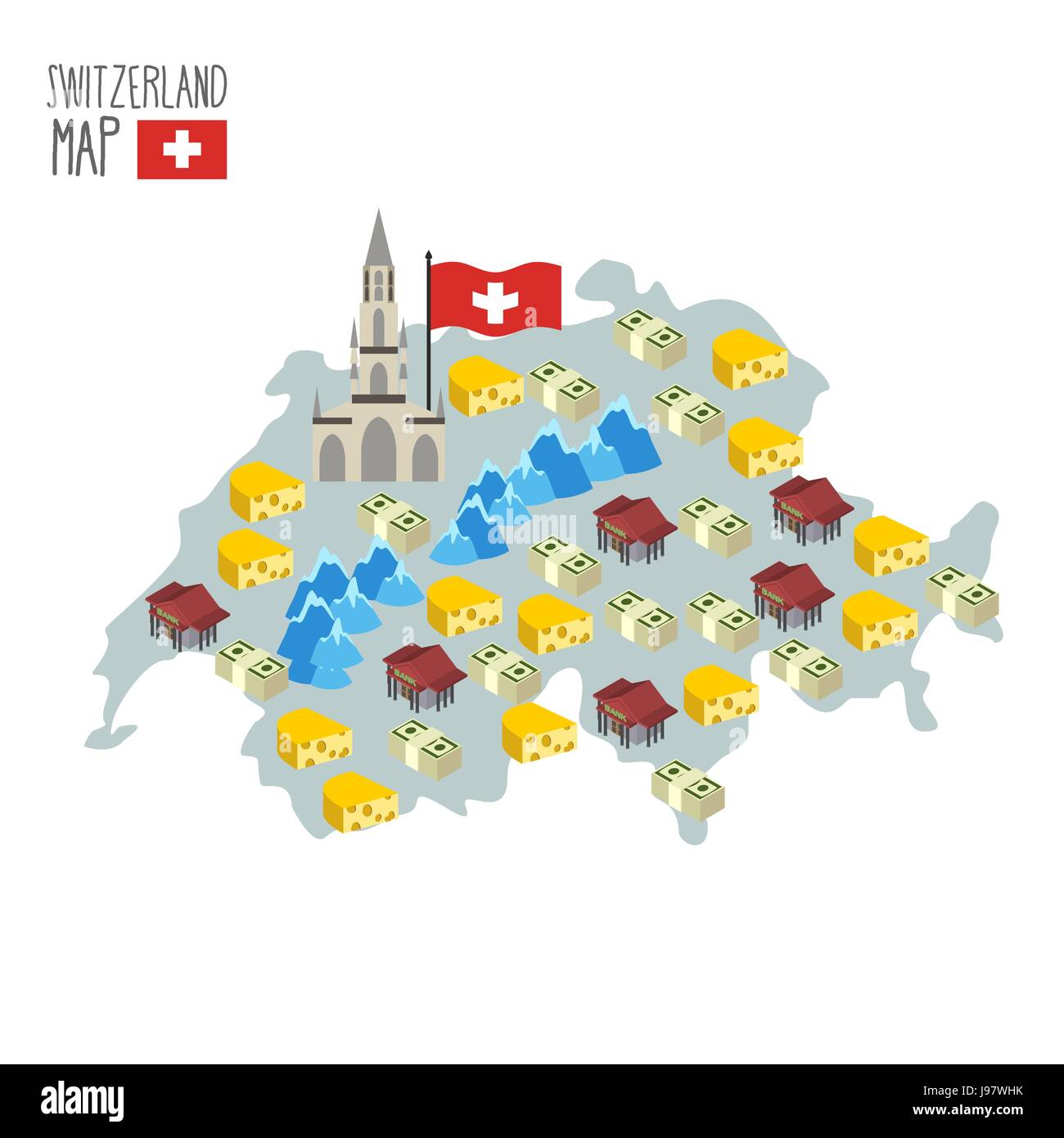 Cartina della Svizzera. Attrazione della cattedrale di Berna. Caratteristiche e simboli del paese: il formaggio e le banche, il denaro e le Alpi. Illustrazione Vettoriale Illustrazione Vettoriale