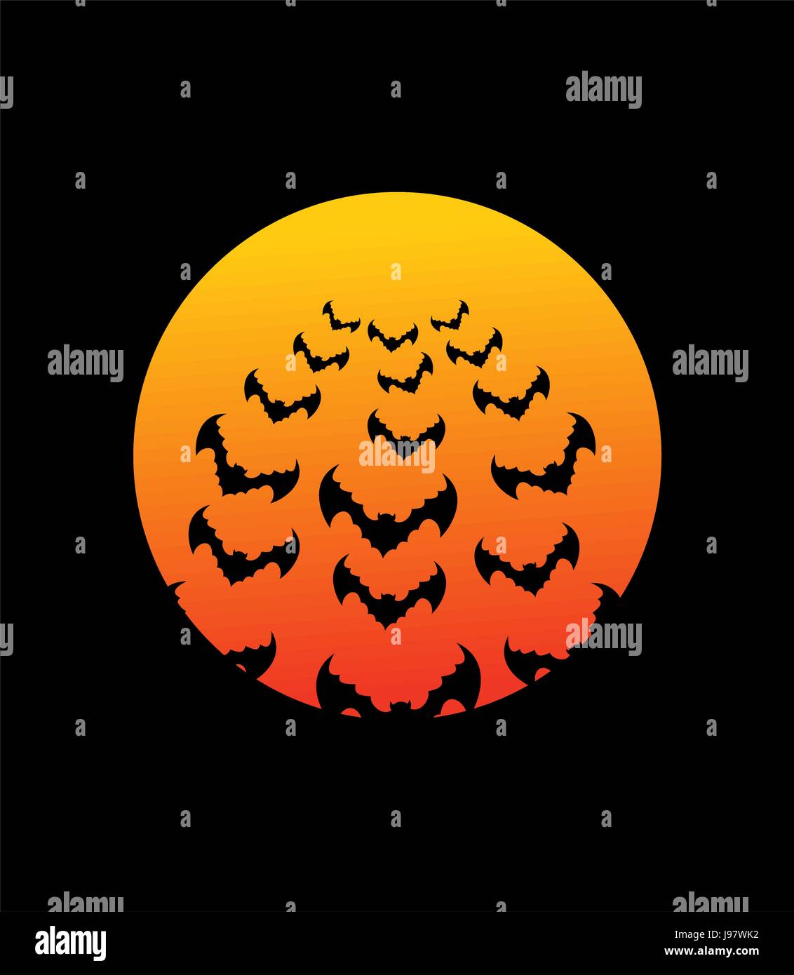Pipistrelli e Bloodmoon. Terribile notte cielo. Illustrazione per Halloween. Flying Blood Suckers su fly da sulla caccia. Illustrazione Vettoriale