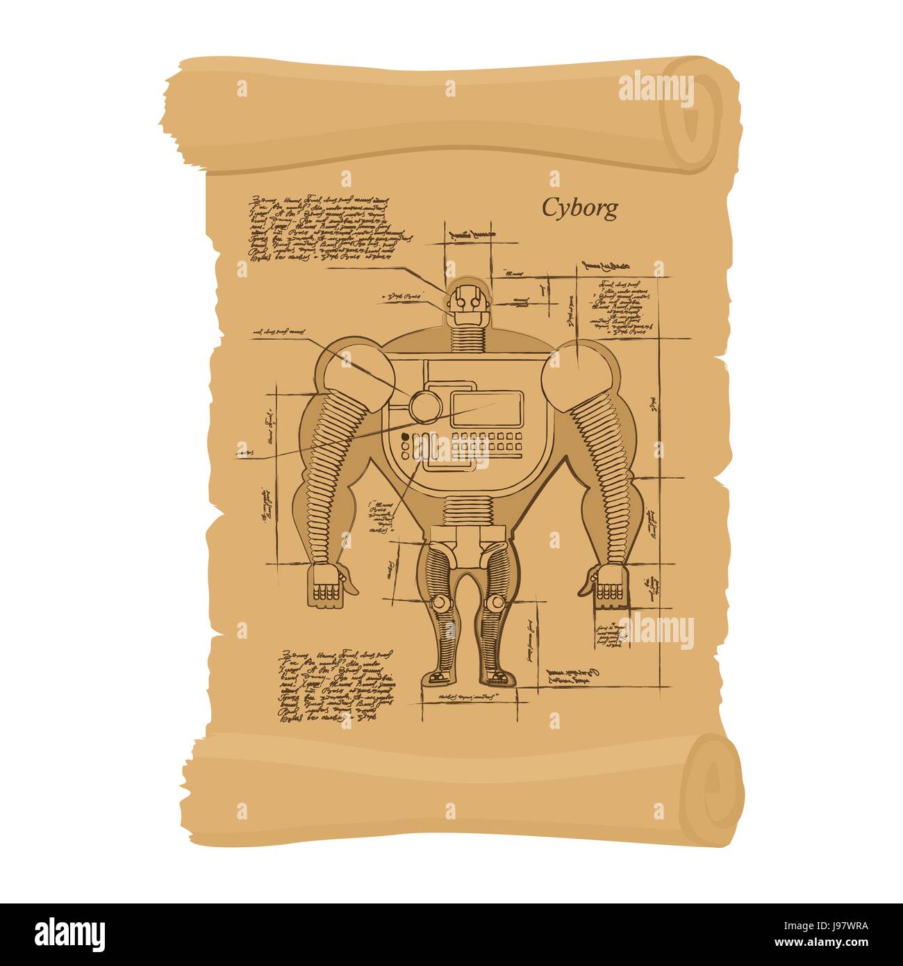 Il vecchio schema di cyborg. Scorrere antico del regime umano del robot. Arcaiche progetto architettonico. Progettazione di Android su antichi papiri. Segreto trovato Illustrazione Vettoriale