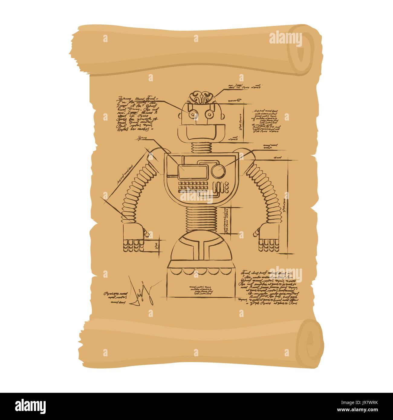 Il vecchio disegno di robot sulla chiocciola. Progettazione di dispositivi tecnologici del futuro sul documento storico. Schema Smart cyborg. Una curiosa invenzione di Leonardo da Illustrazione Vettoriale