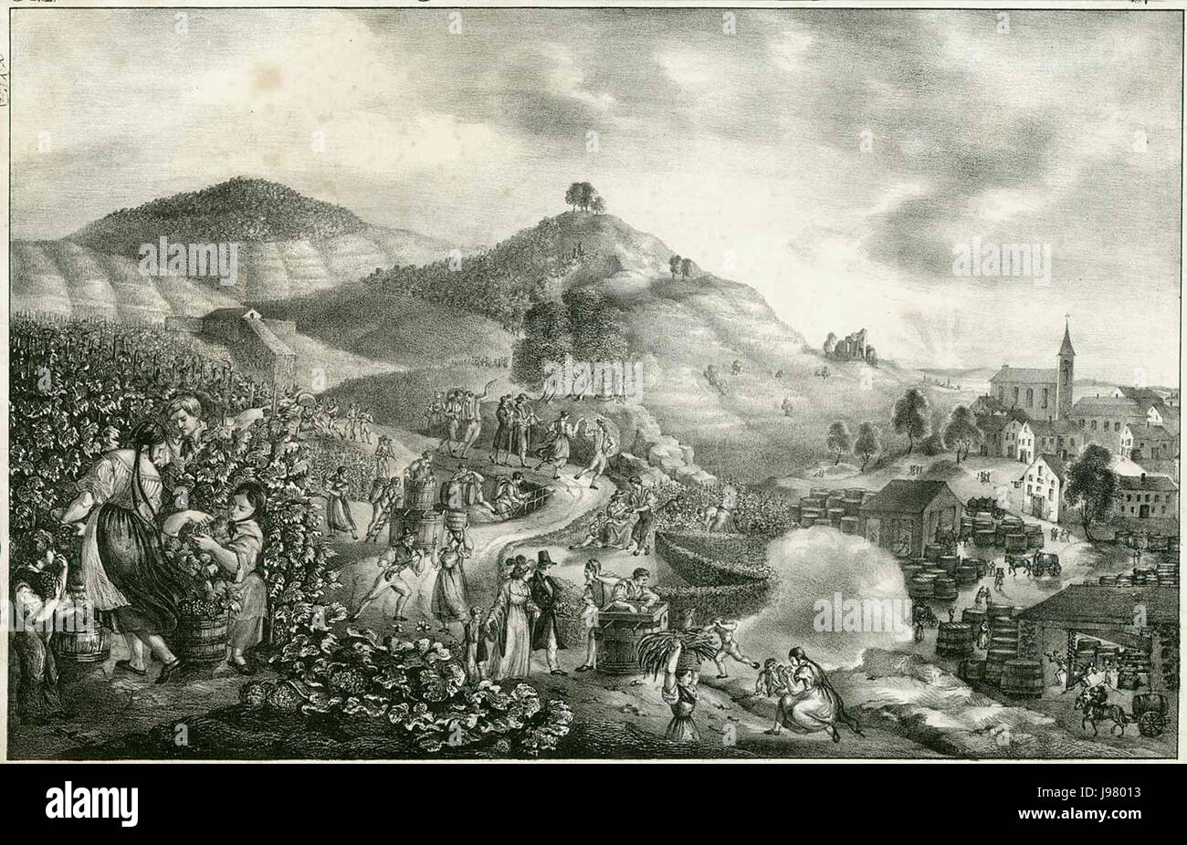 Il termine Weinlese si riferisce alla vendemmia in tedesco, in particolare intorno al 1830. Questo pezzo rappresenta probabilmente la tradizione della raccolta e della vinificazione del vino in Germania all'inizio del XIX secolo, riflettendo le pratiche culturali e agricole dell'epoca. Foto Stock