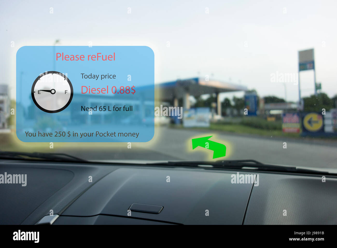 Iot, internet delle cose di smart car concetti, Head up display (HUD). Auto utilizza la realtà aumentata per mostrare la velocità, un avviso display mentre il carburante quasi Foto Stock