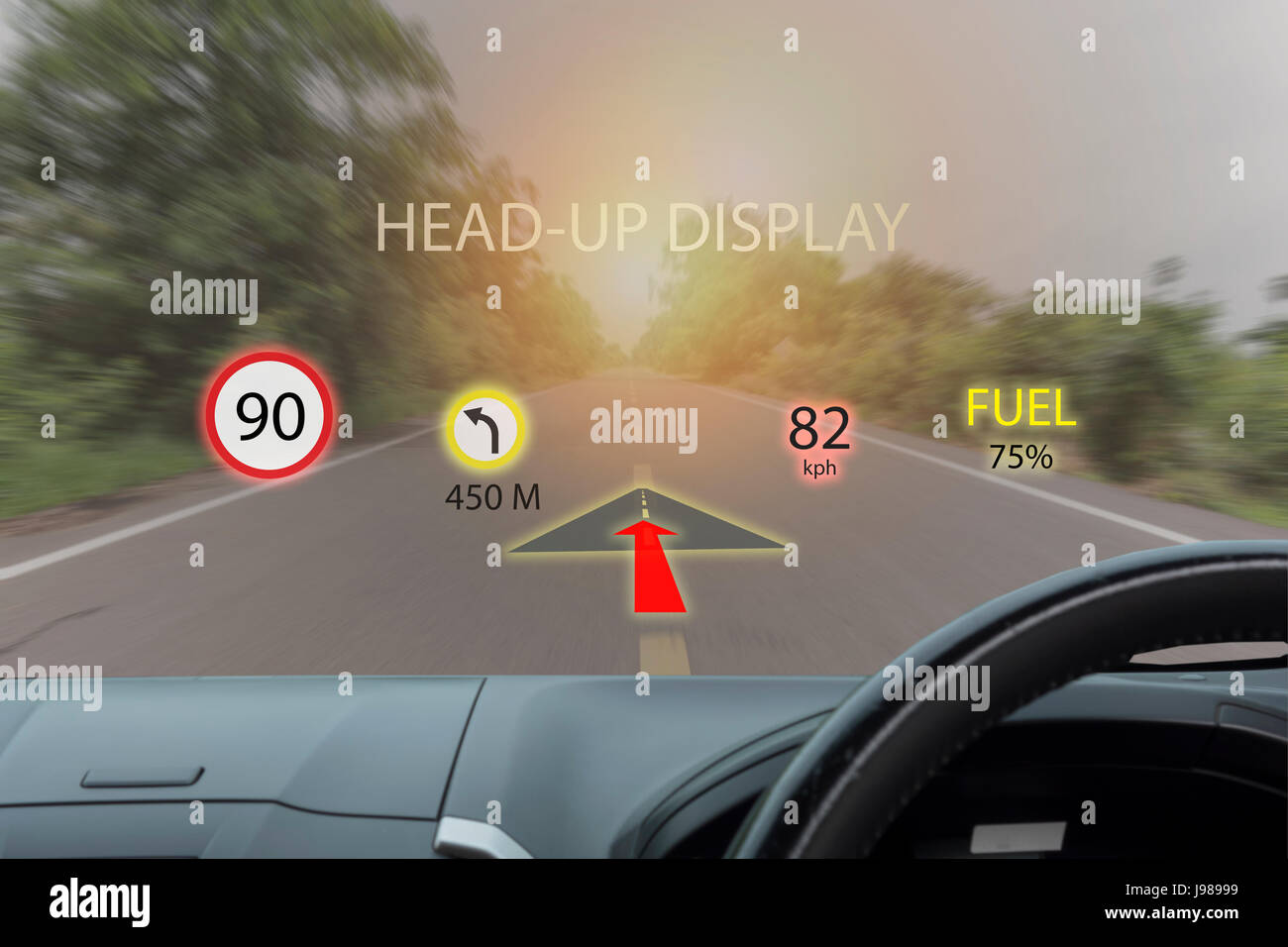 Iot, internet delle cose di smart car concetti, Head up display (HUD). Auto utilizza la realtà aumentata per mostrare la velocità, navigazione ,il carburante ,limite di velocità ,terribili Foto Stock
