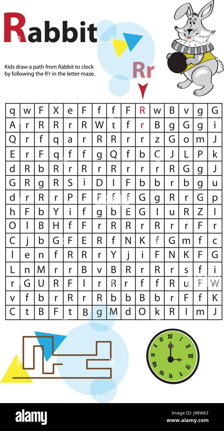 Lettera Maze R. Questo foglio di lavoro aiuta i bambini a riconoscere e il nome lettere maiuscole e lettere minuscole. I bambini inoltre esercitare le abilità di pensiero e la capacità motorica Illustrazione Vettoriale