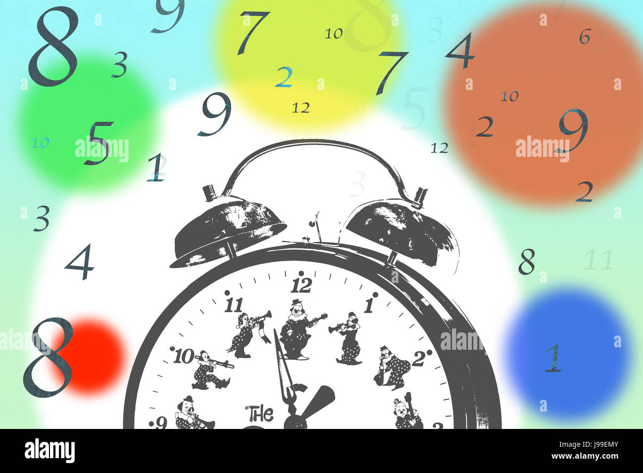 Data, ora, indicazione di tempo, clown, orologio sveglia, i colori, Foto Stock