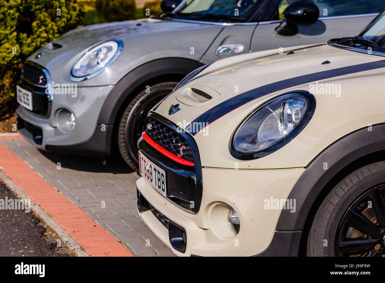 Due Mini Cooper S cofani anteriori e di aspirazione dell'aria dagli aeratori. Uno Moonwalk di colore grigio e una di pepe bianco con strisce nere Foto Stock