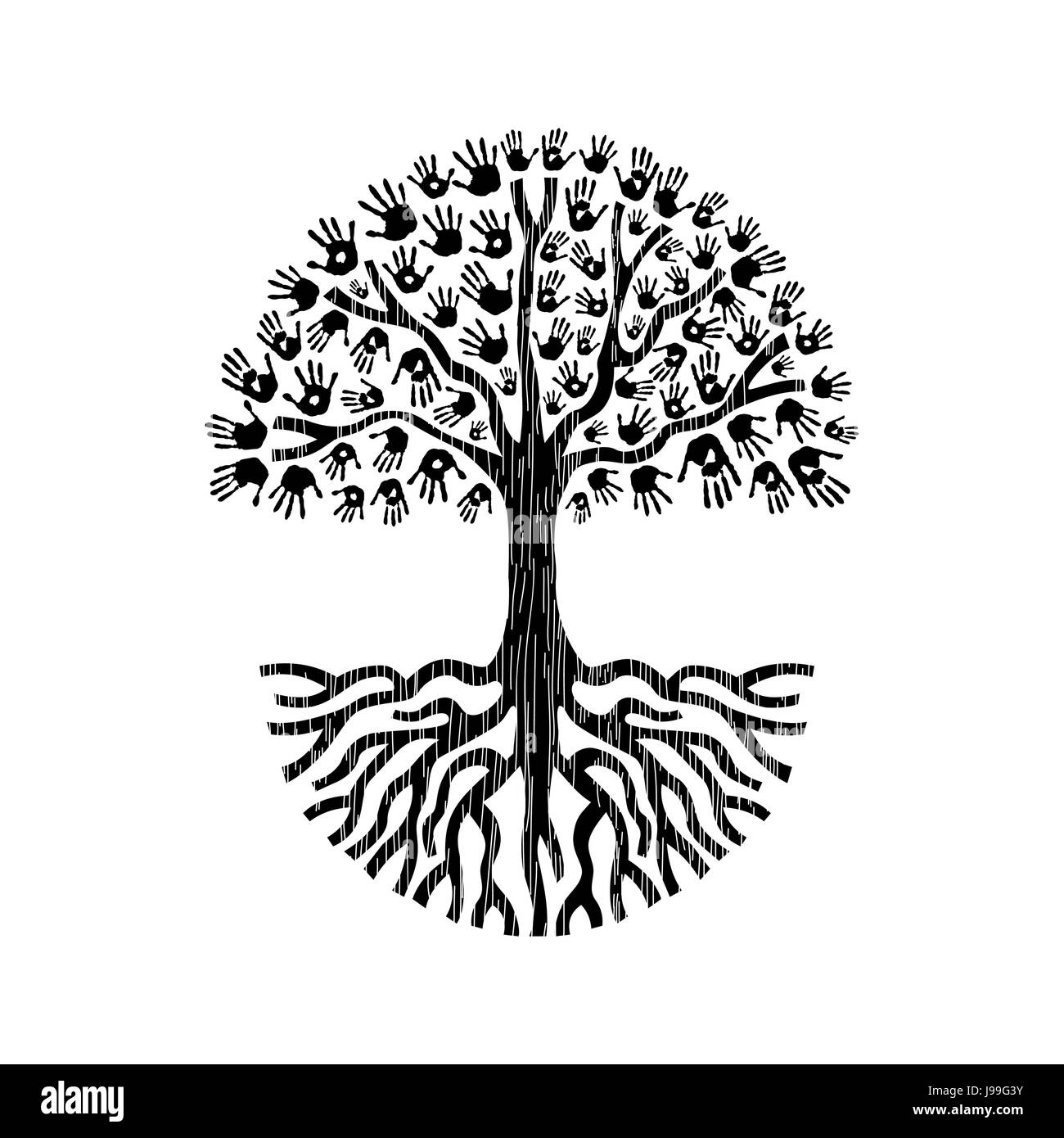 Albero con le mani di diverse comunità e grosse radici. Illustrazione isolato per aiuto sociale concetto, la carità o gruppo di lavoro. EPS10 vettore. Illustrazione Vettoriale