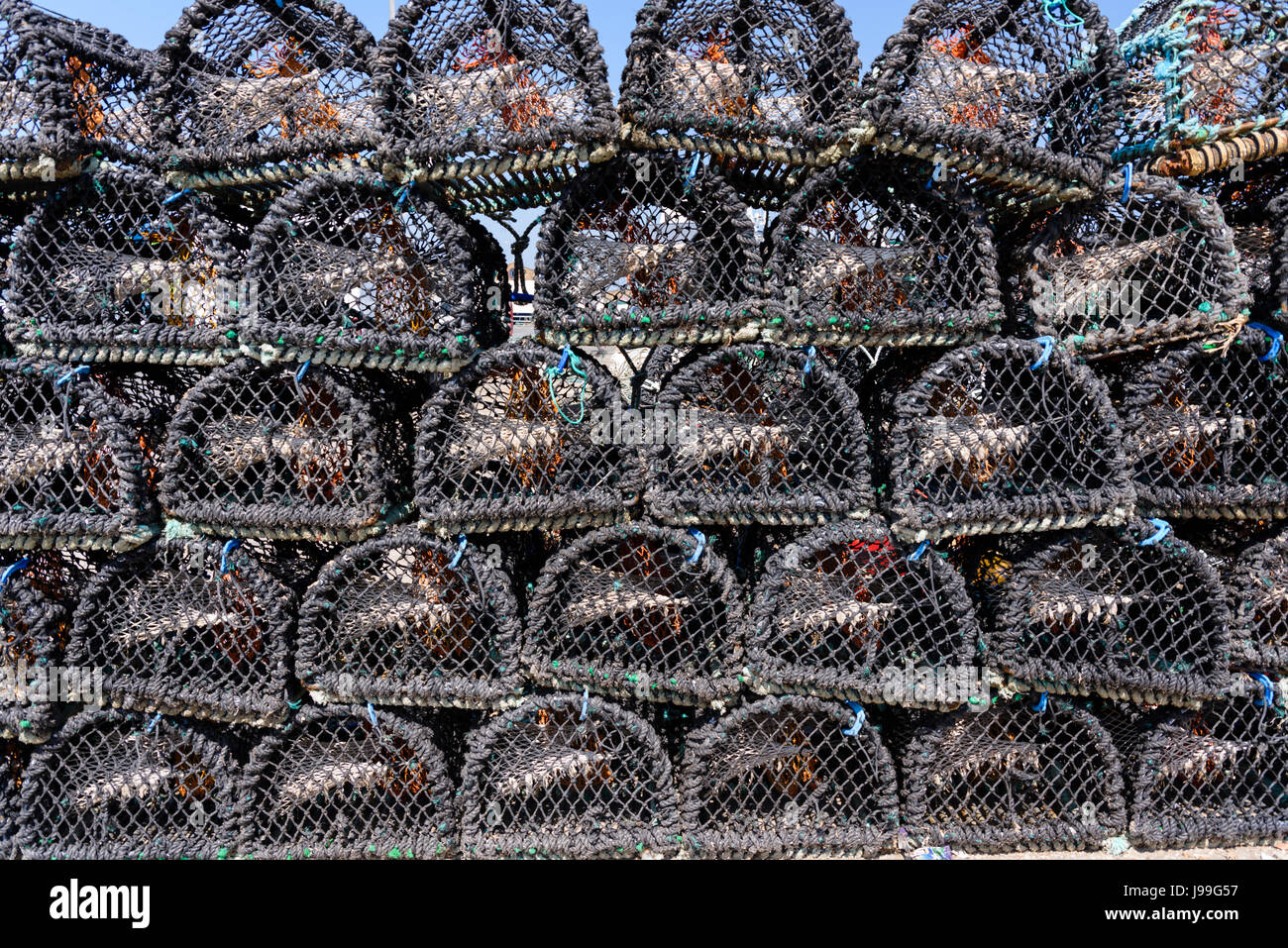 Lobster gabbie impilate fino a Howth Harbour, Dublino, Irlanda. Foto Stock