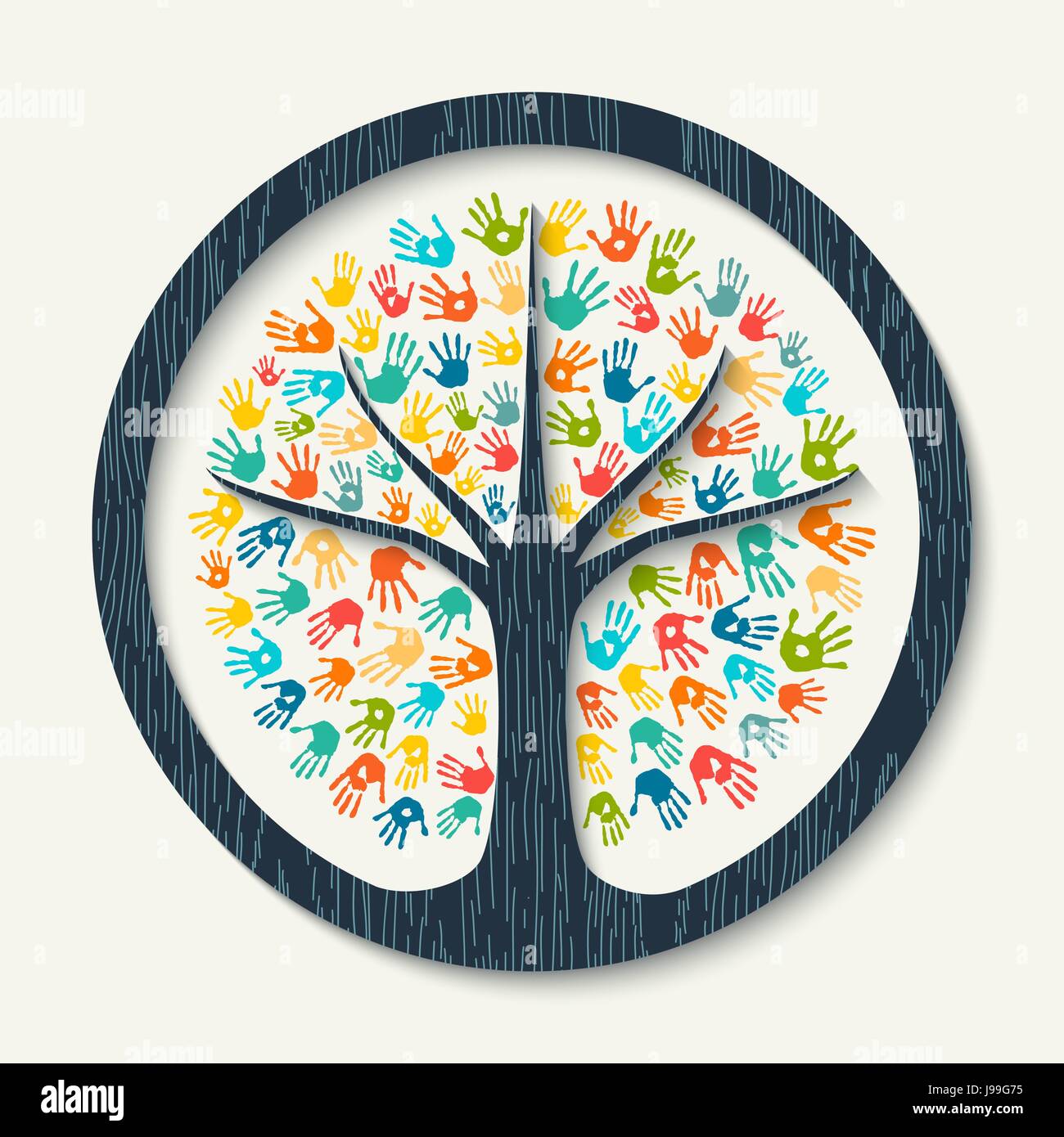 Isolate il simbolo di albero fatto di colorate a mano tecnica di stampa Diverse comunità nozione di aiuto sociale, il lavoro di squadra o di carità. EPS10 vettore. Illustrazione Vettoriale
