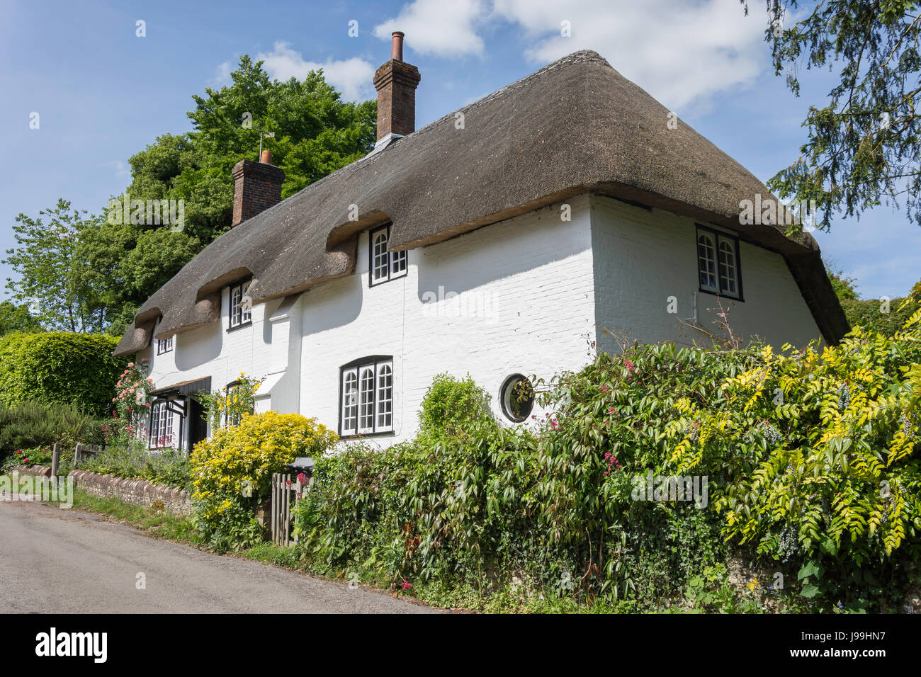 Cottage con il tetto di paglia, Church Lane, West Meon, Hampshire, Inghilterra, Regno Unito Foto Stock