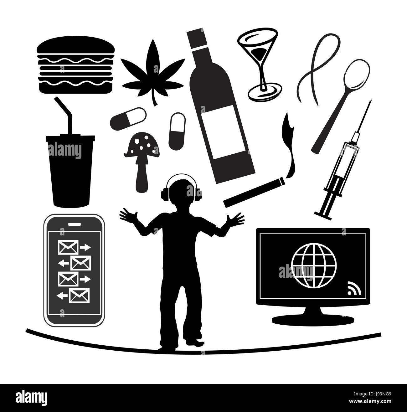 Adolescente sono vulnerabili a un certo numero di moderno-giorno manie, alcool, droghe, computer, smartphone junk food, soft drinks Foto Stock