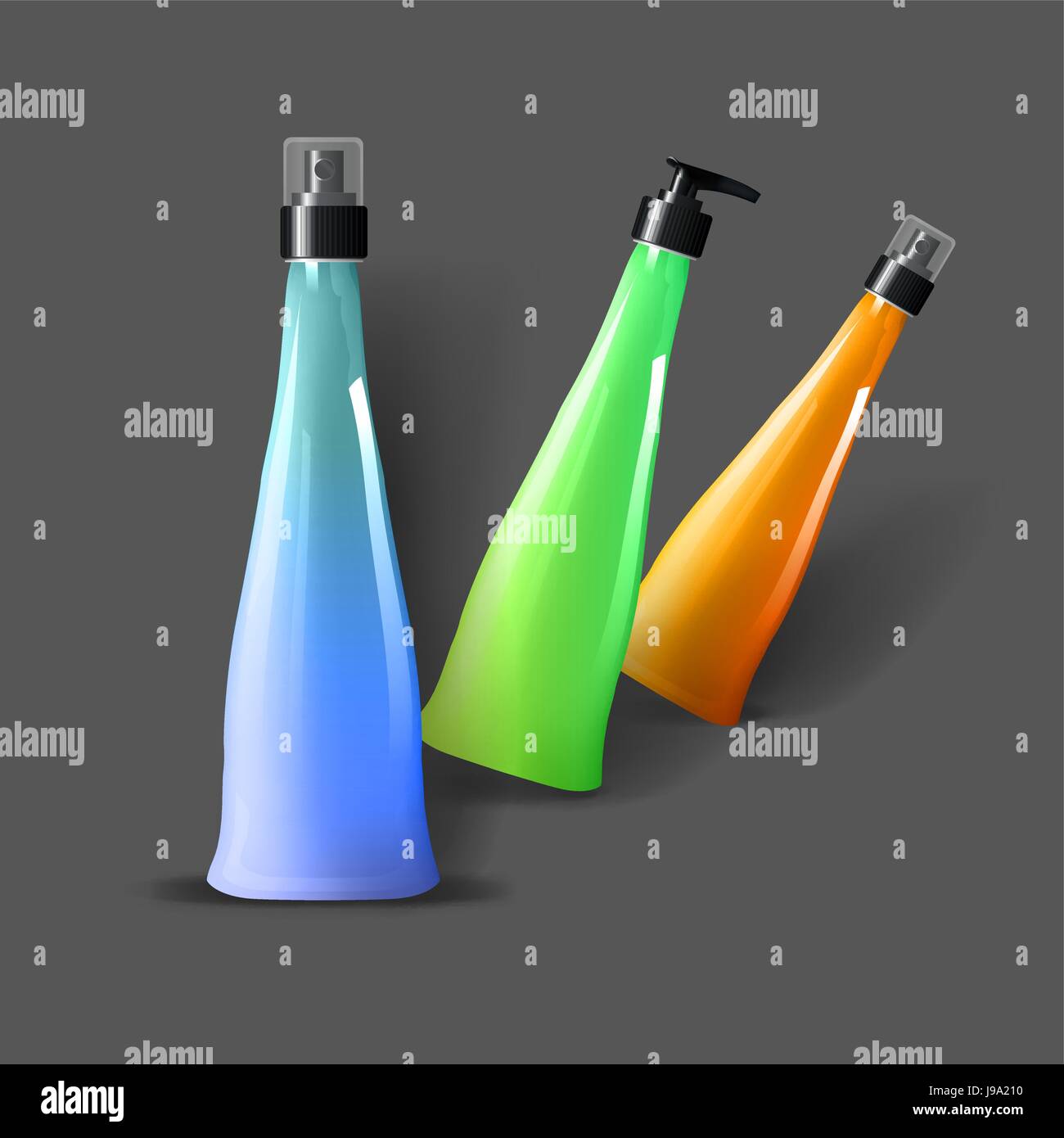 Mockup modello per il branding e il design dei prodotti. Isolato realistico di bottiglie di plastica con erogatore spray e design esclusivo. Illustrazione Vettoriale