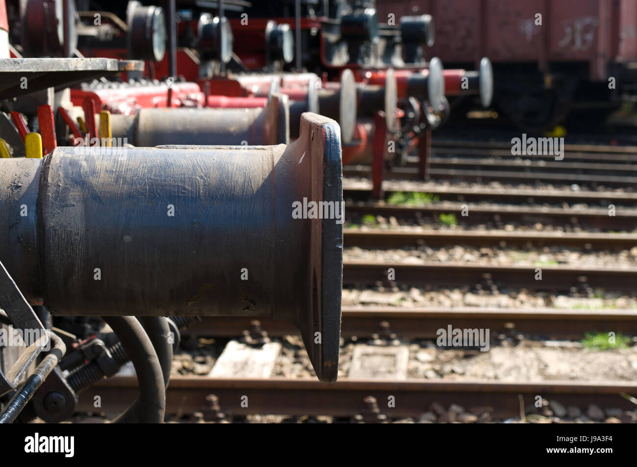 Freno, buffer, stazione ferroviaria, locomotiva, treno, motore, materiale rotabile, Foto Stock