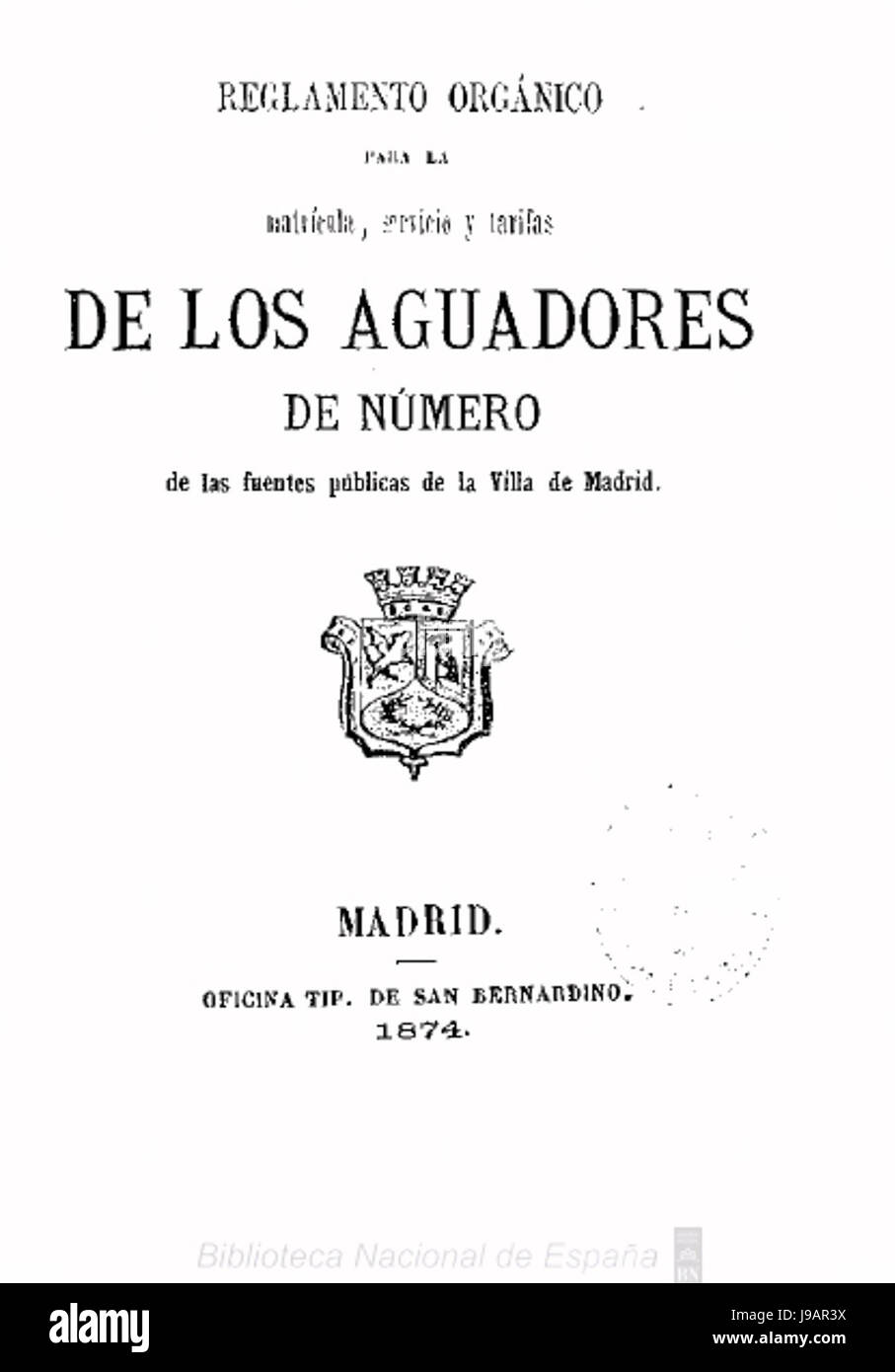 Reglamento de aguadores de Madrid 1874 Foto Stock