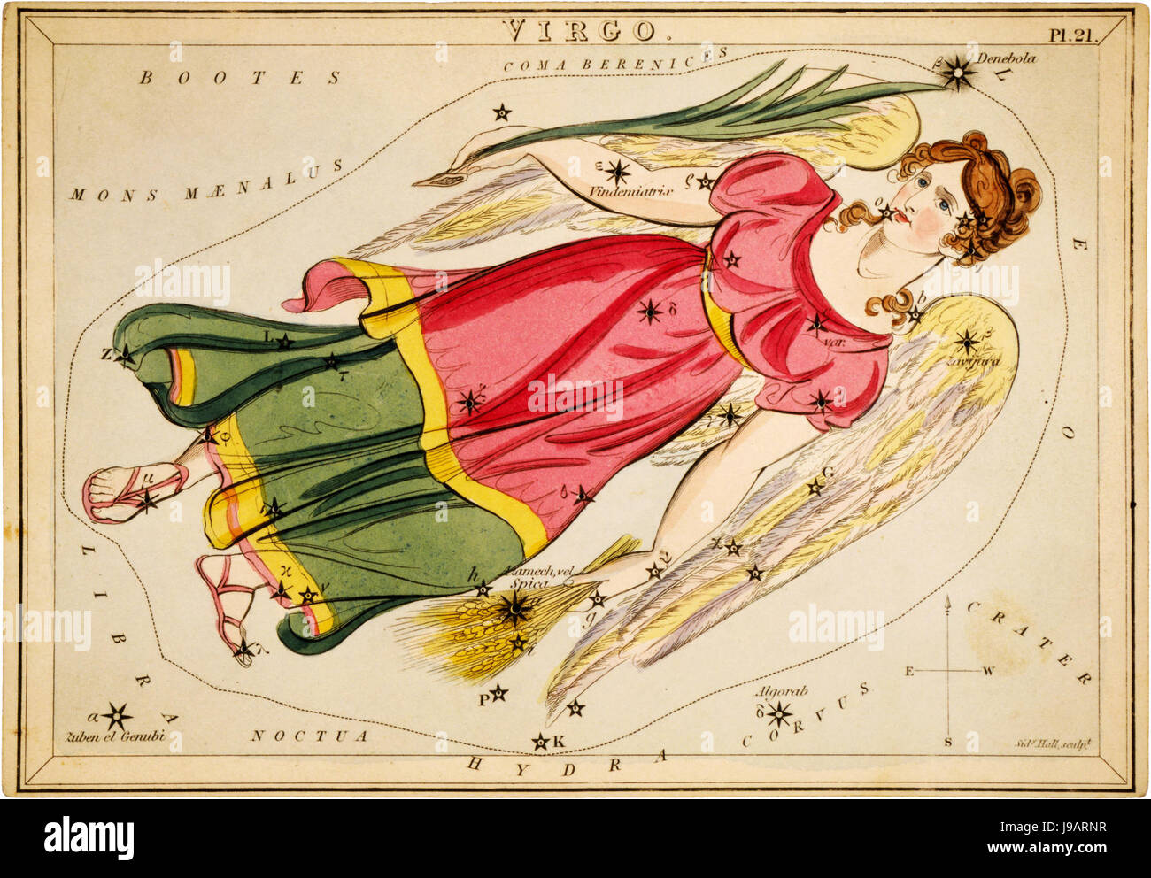 L'incisione di Sidney Hall di "Virgo" del 1825 rappresenta il segno zodiaco Virgo, raffigurato con il caratteristico simbolismo. L'incisione mette in evidenza l'abilità di Hall nelle illustrazioni astrologiche, combinando precisione artistica con immagini simboliche. Foto Stock