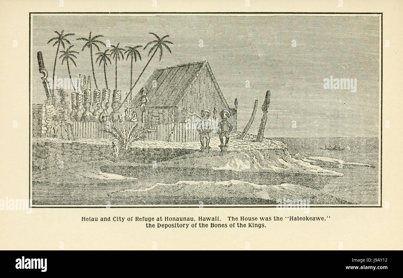 Il depositario dei re delle Hawaii, adiacente al luogo di rifugio presso Honaunau, schizzo da William Ellis Foto Stock