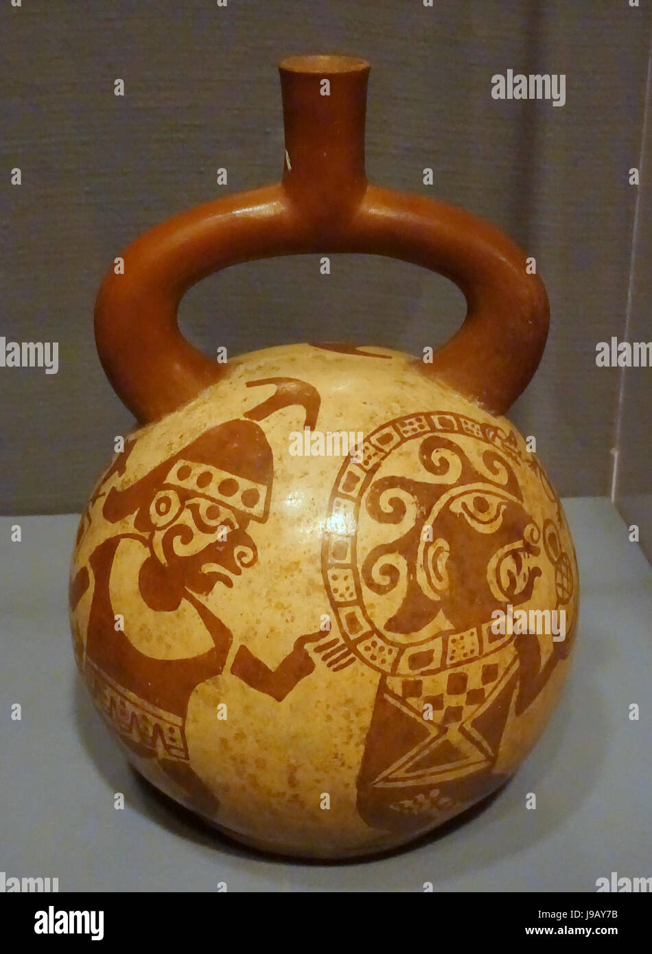 Staffa del tubo di lancio con bottiglia due guerrieri e prigionieri, Perù, Moche III, costa nord, c. 200 BC, ceramica Krannert Art Museum, UIUC DSC06494 Foto Stock