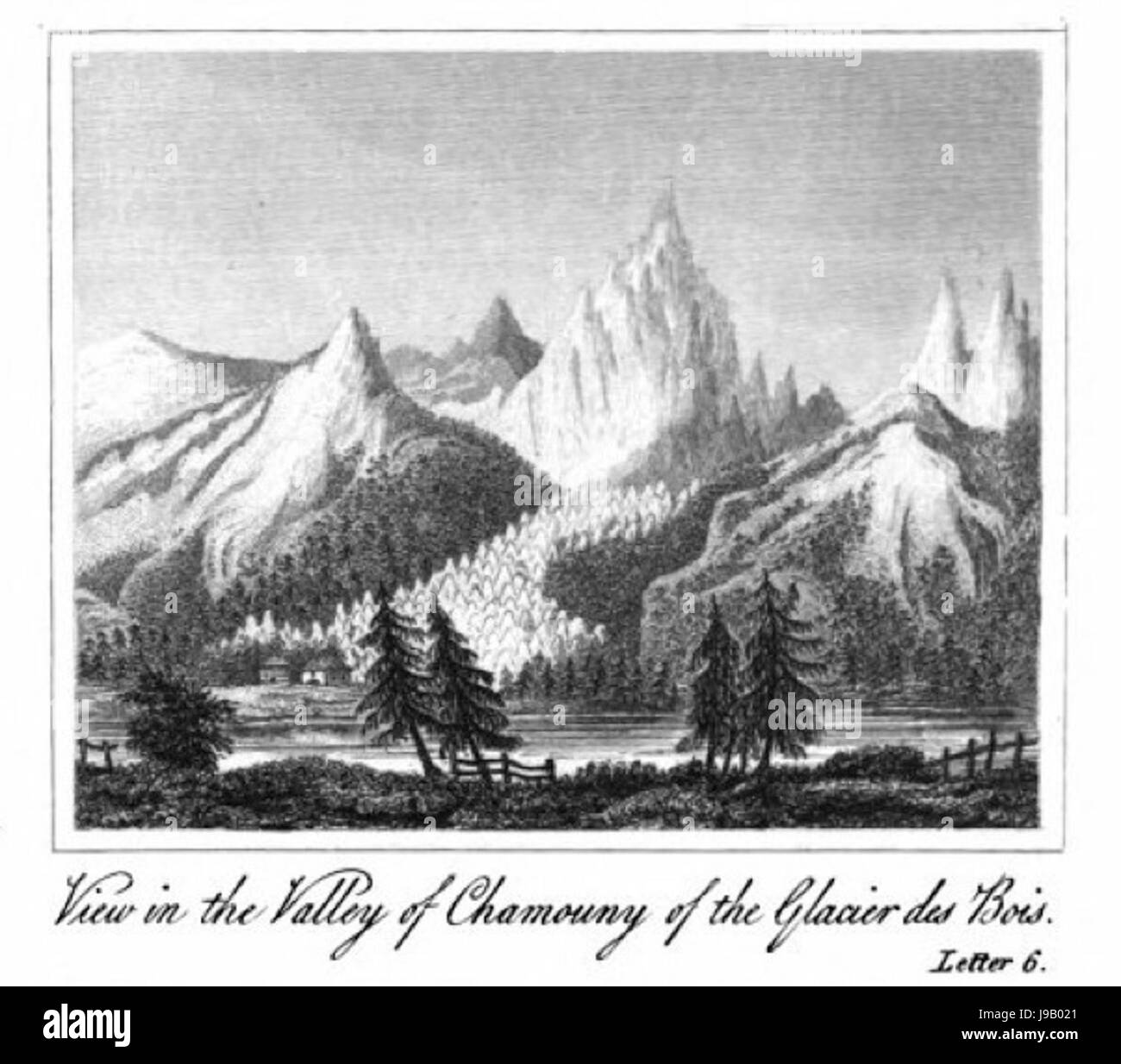 Vista nella valle di Chamouny af il ghiacciaio de Bois Foto Stock