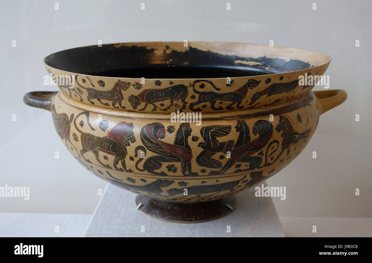 Reale e animali mitici, stemless kylix, greco, corinzie c. 590 580 BC, terracotta Blanton Museum of Art di Austin, Texas DSC07661 Foto Stock