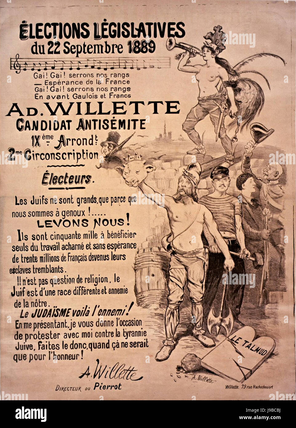1889 Francese Cartellone elettorale per il candidato antisemitic Adolphe Willette Foto Stock
