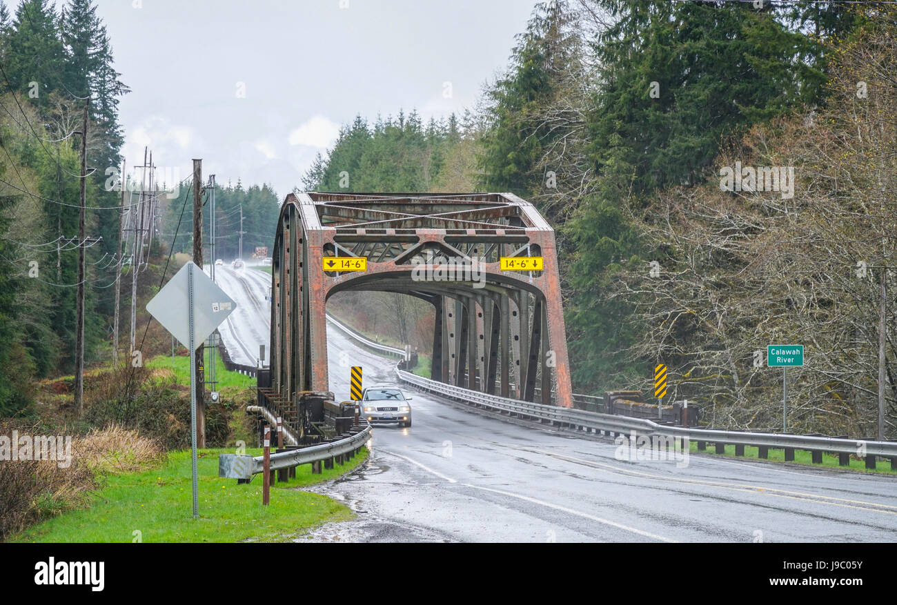 Rusty ponte sul fiume Calawah - Forche - Washington Foto Stock