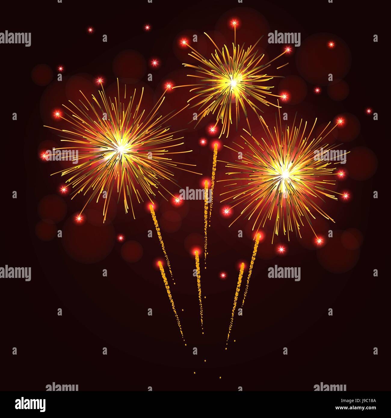 Giallo dorato vettore spumante fuochi d'artificio oltre il cielo notturno. Giorno di indipendenza il 4 luglio, le vacanze di capodanno sfondo. Illustrazione Vettoriale
