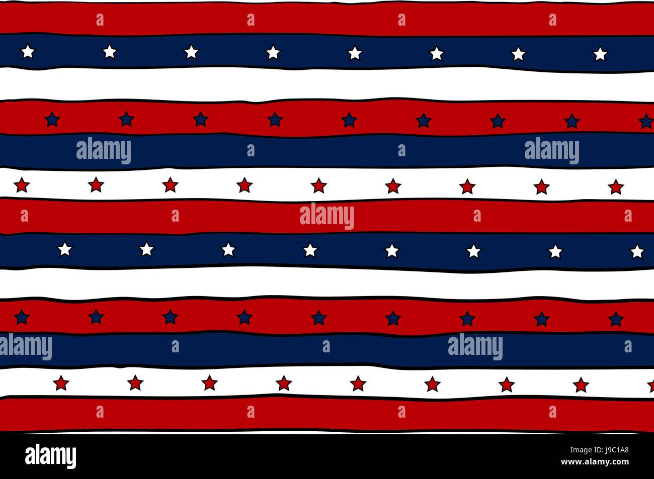 Rosso, bianco e blu a strisce sfondo patriottico con le stelle. Disegno astratto per biglietto di auguri, banner, flyer, poster. Illustrazione Vettoriale