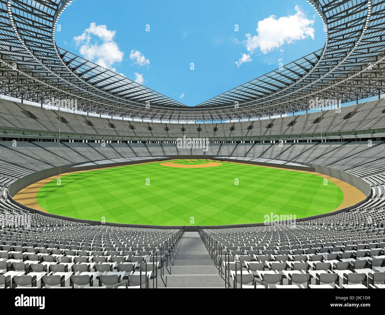 3D render di baseball stadium con sedili bianchi per centinaia di migliaia di persone con scatole di VIP Foto Stock