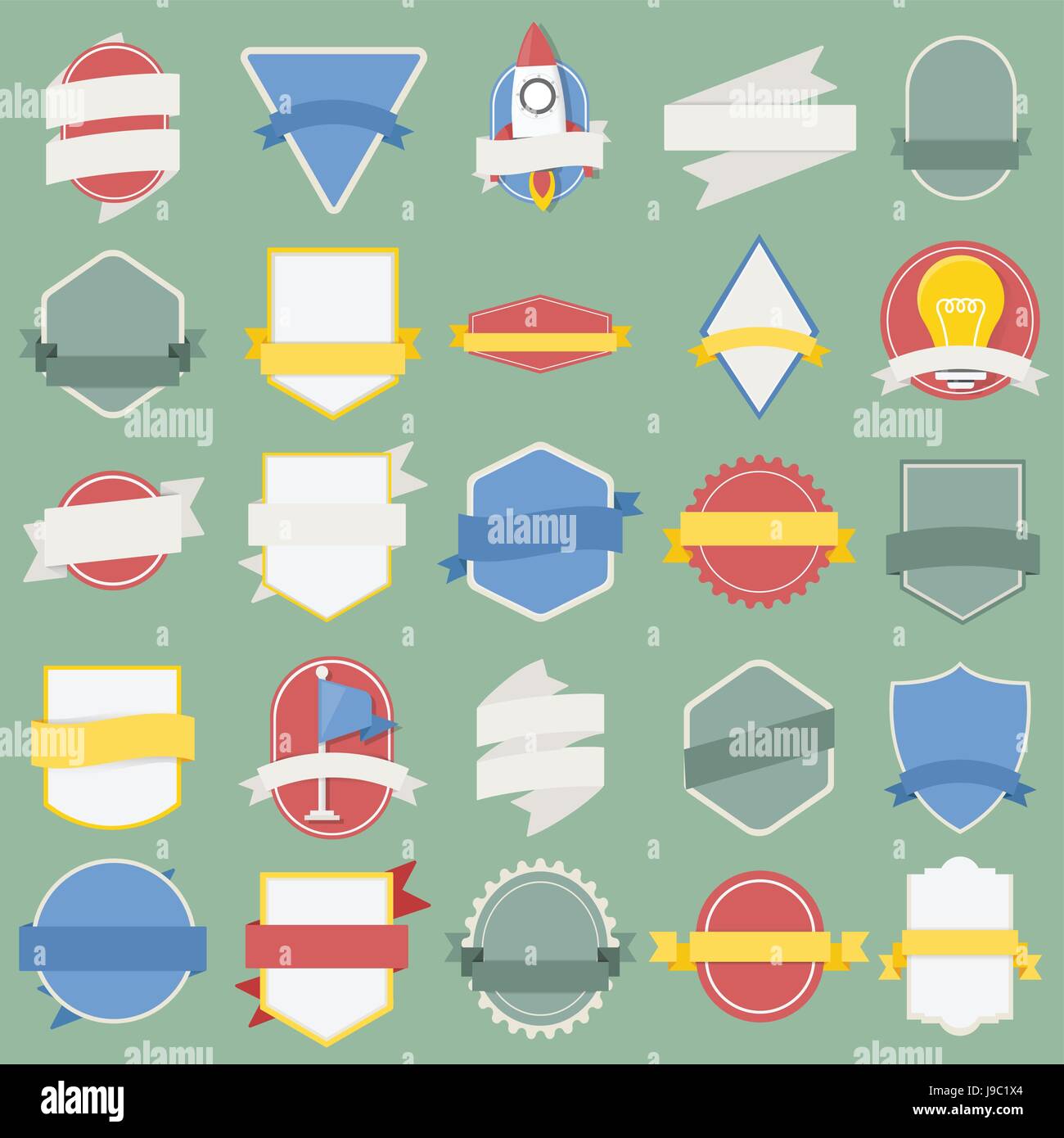 Set misto di lampadine astronave badge bandiera emblema, marchio icona Illustrazione Vettore Illustrazione Vettoriale