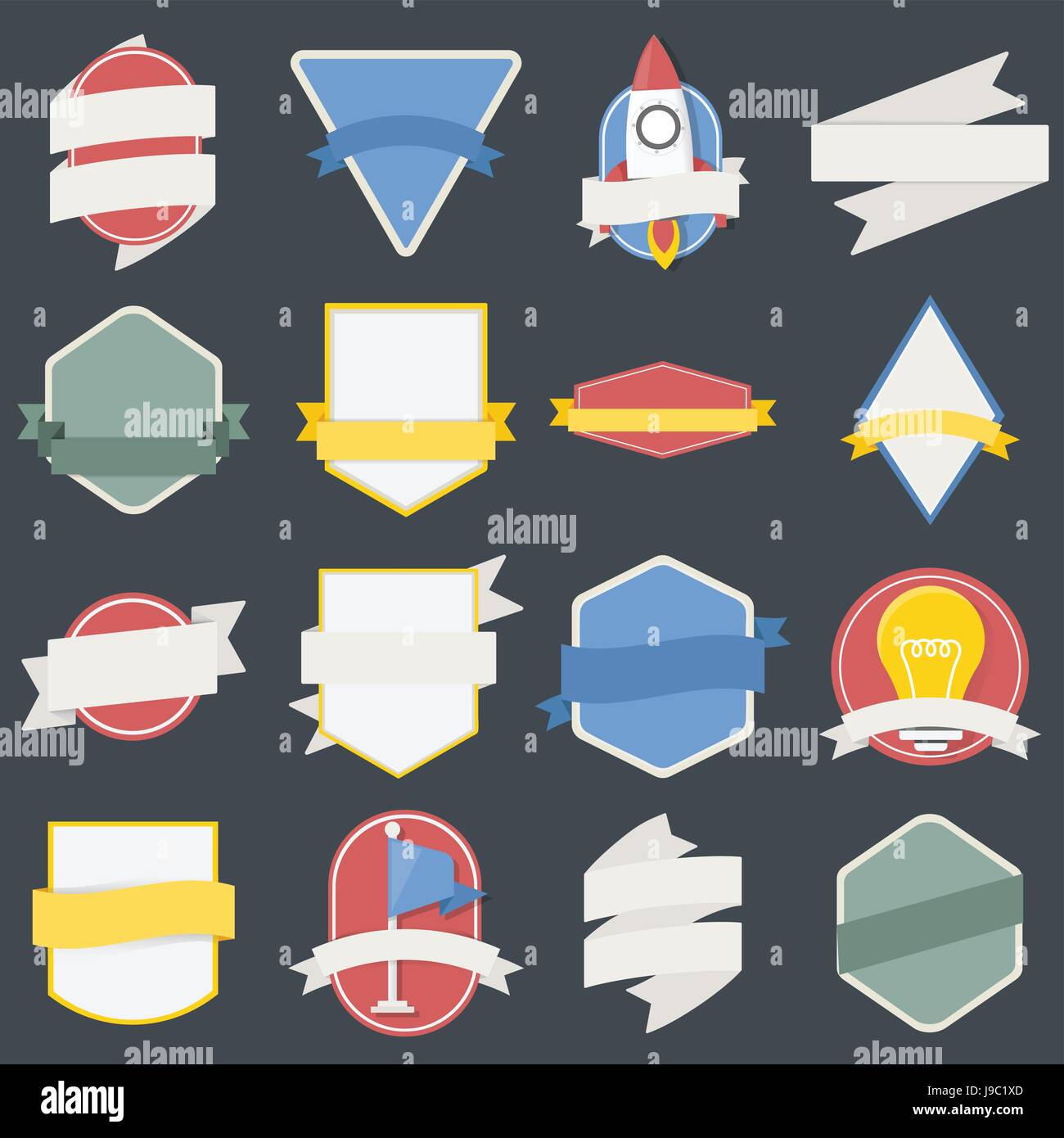 Set misto di lampadine astronave badge bandiera emblema, marchio icona Illustrazione Vettore Illustrazione Vettoriale