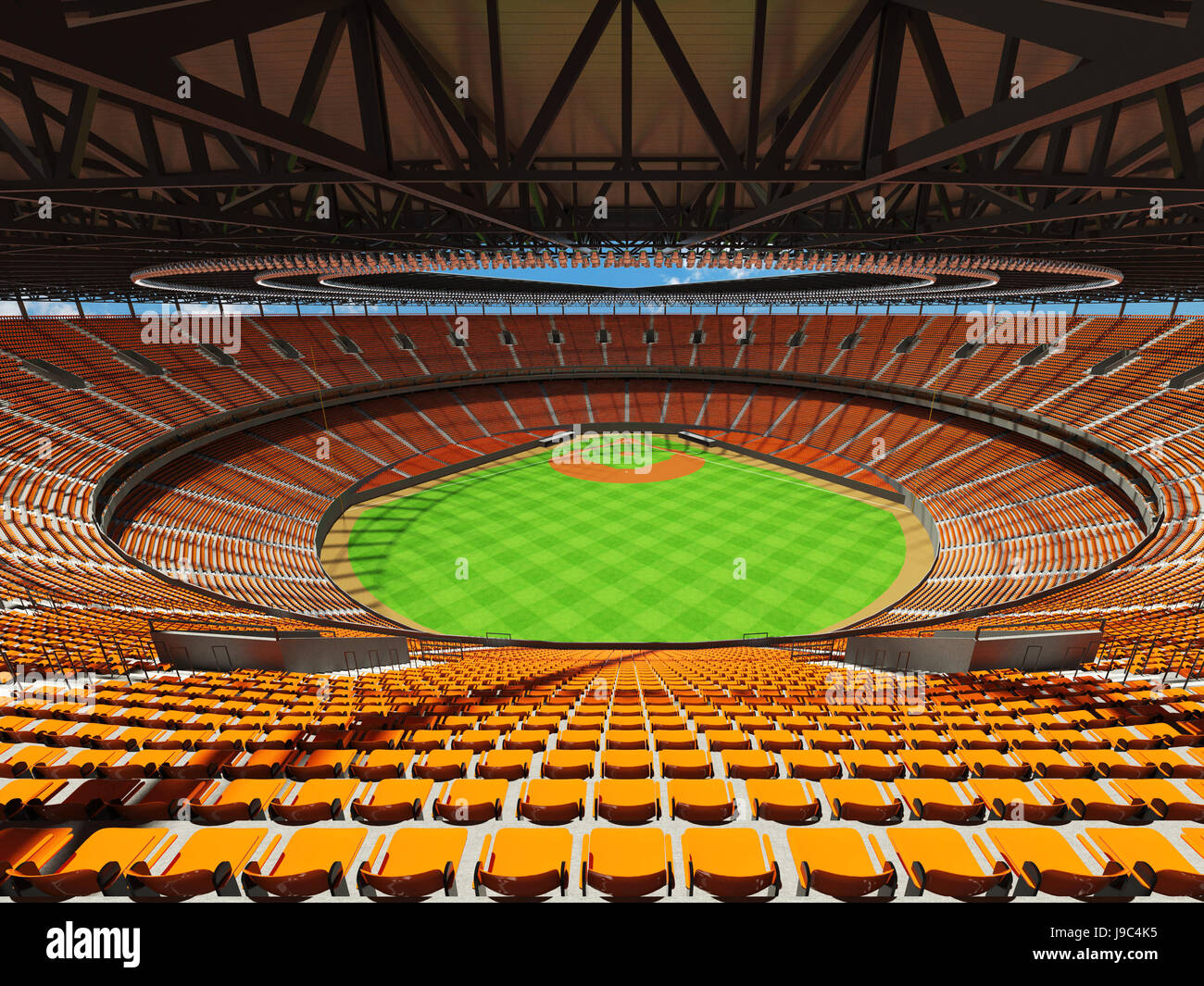 3D render di baseball stadium con sedili arancione, scatole di VIP e washer per centinaia di migliaia di persone Foto Stock