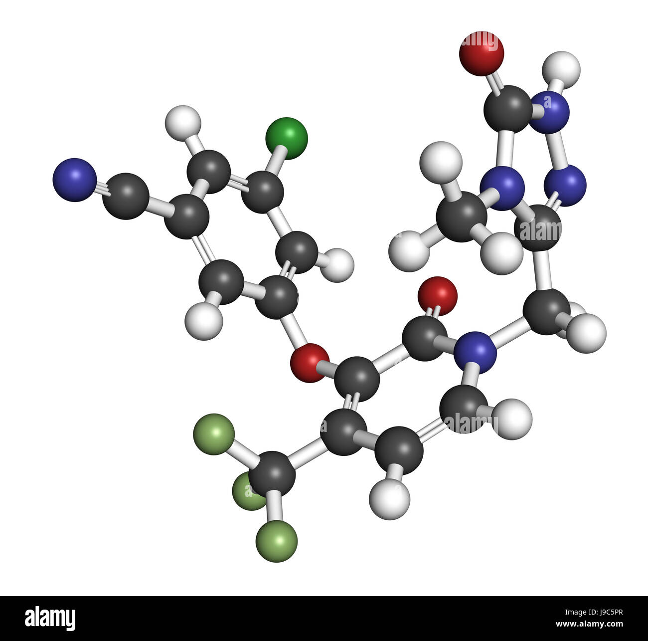 HIV Doravirine molecola di farmaco (non-nucleosidici inibitori della trascrittasi inversa). Il rendering 3D. Gli atomi sono rappresentati come sfere con colore convenzionale Foto Stock