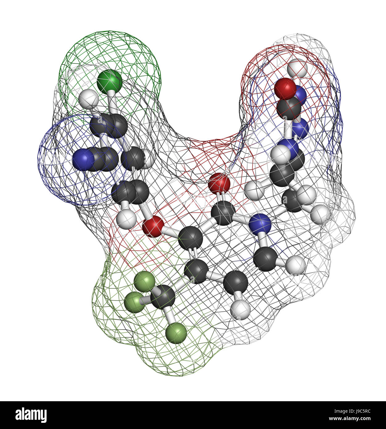 HIV Doravirine molecola di farmaco (non-nucleosidici inibitori della trascrittasi inversa). Il rendering 3D. Gli atomi sono rappresentati come sfere con colore convenzionale Foto Stock
