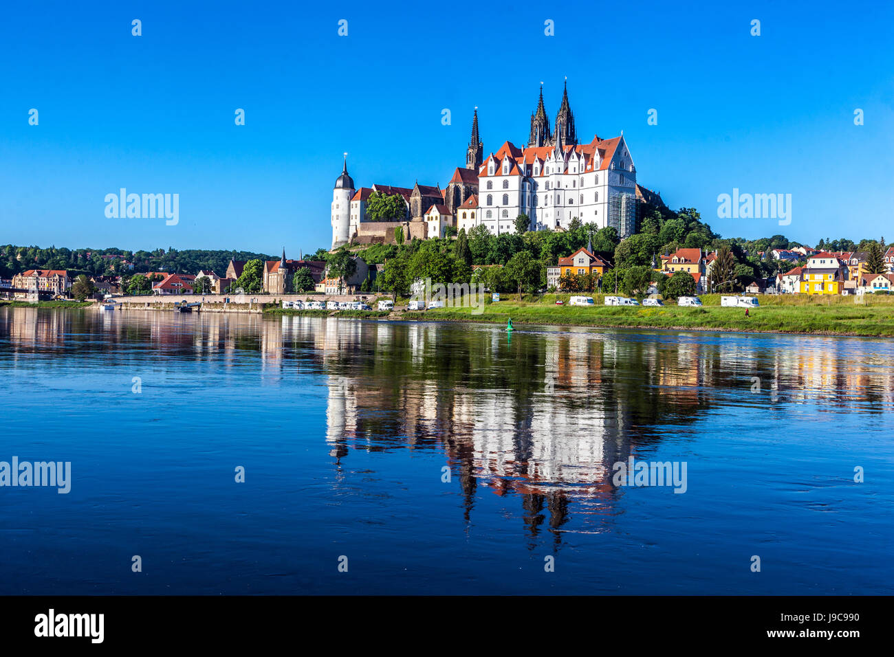 Skyline, Panorama, un punto di riferimento, il castello di Albrechtsburg Meissen, in Sassonia, Germania, Europa Foto Stock