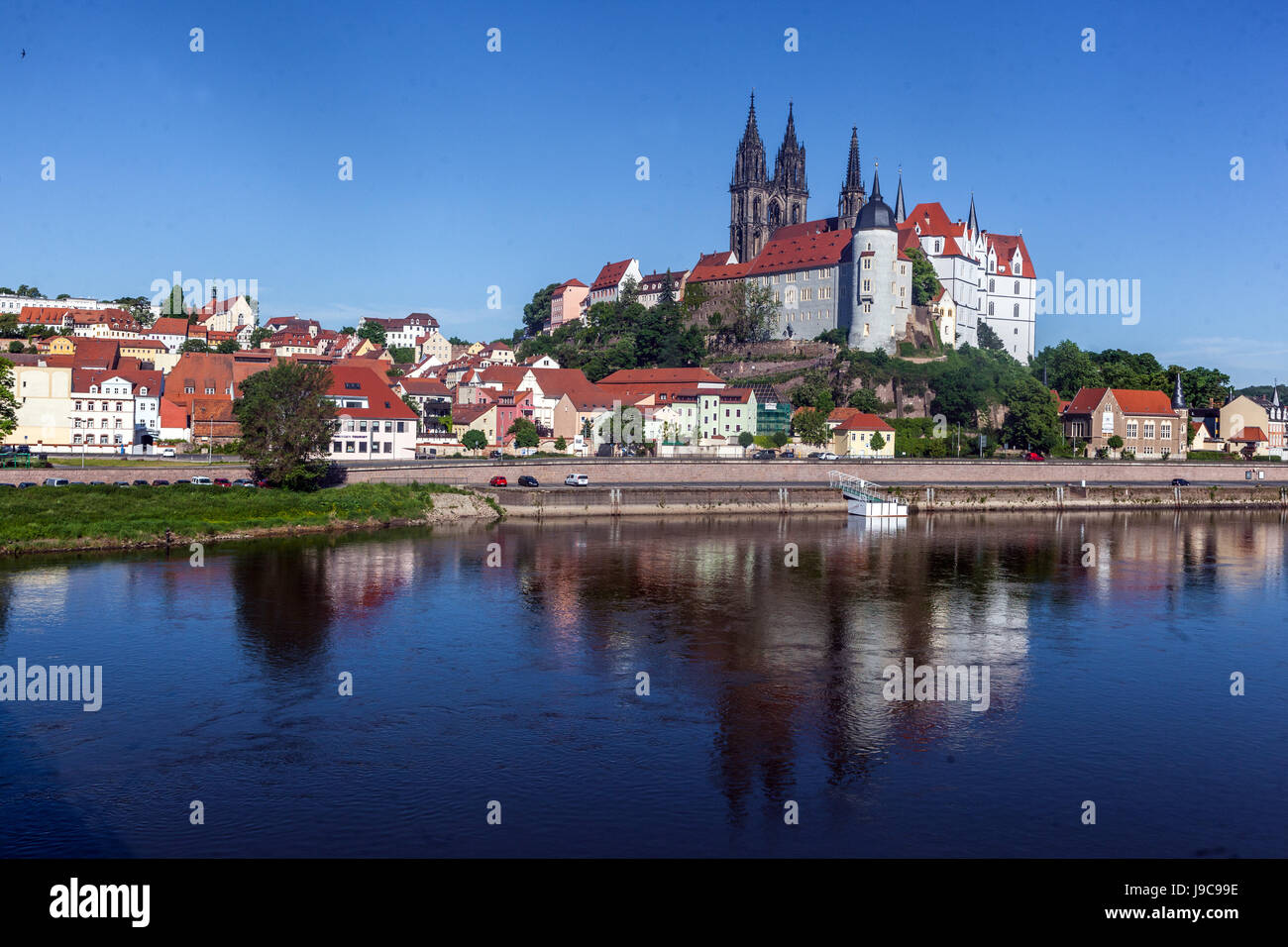 Skyline, Panorama, Landmark, Albrechtsburg Castello Meissen, Sassonia, Germania, Europa città fiume Foto Stock
