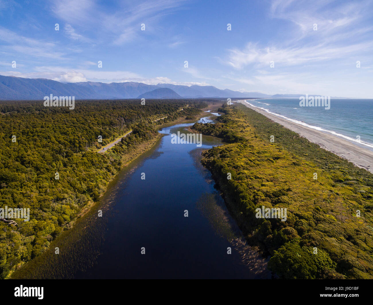 Vista aerea, la spiaggia e la vista della costa, moderata nella foresta pluviale e lago, Alpi del Sud, nave Creek, Haast, West Coast, Nuova Zelanda Foto Stock