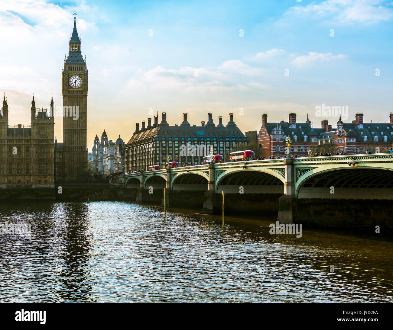 Big Ben, Westminster Bridge, la Casa del Parlamento, il fiume Tamigi, London, England, Regno Unito Foto Stock
