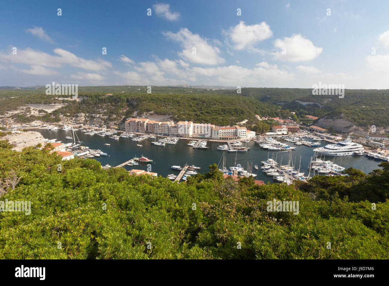 Verde vegetazione incornicia la città medievale e il porto, Bonifacio, Corsica, Francia, Mediterraneo, Europa Foto Stock