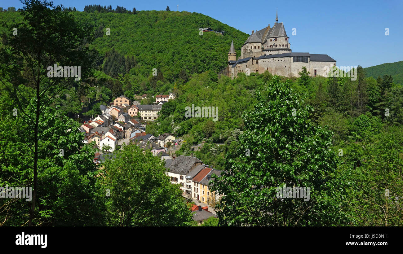 Il castello di Vianden nel cantone di Vianden, Granducato del Lussemburgo, Europa Foto Stock