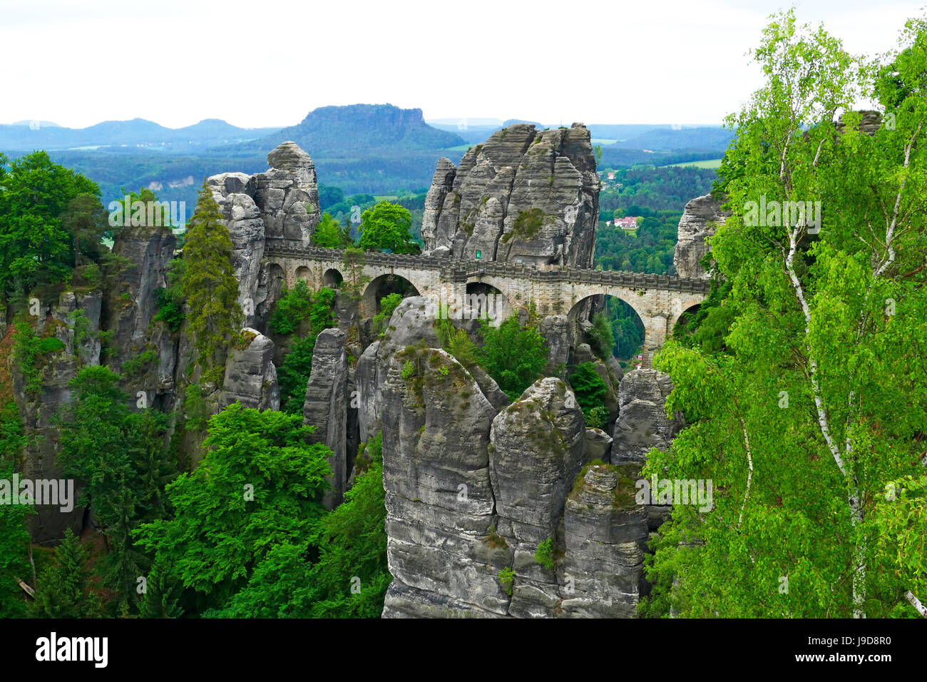 Bastei Bridge sul Bastei Rock formazione vicino Rathen, Svizzera Sassone, in Sassonia, Germania, Europa Foto Stock