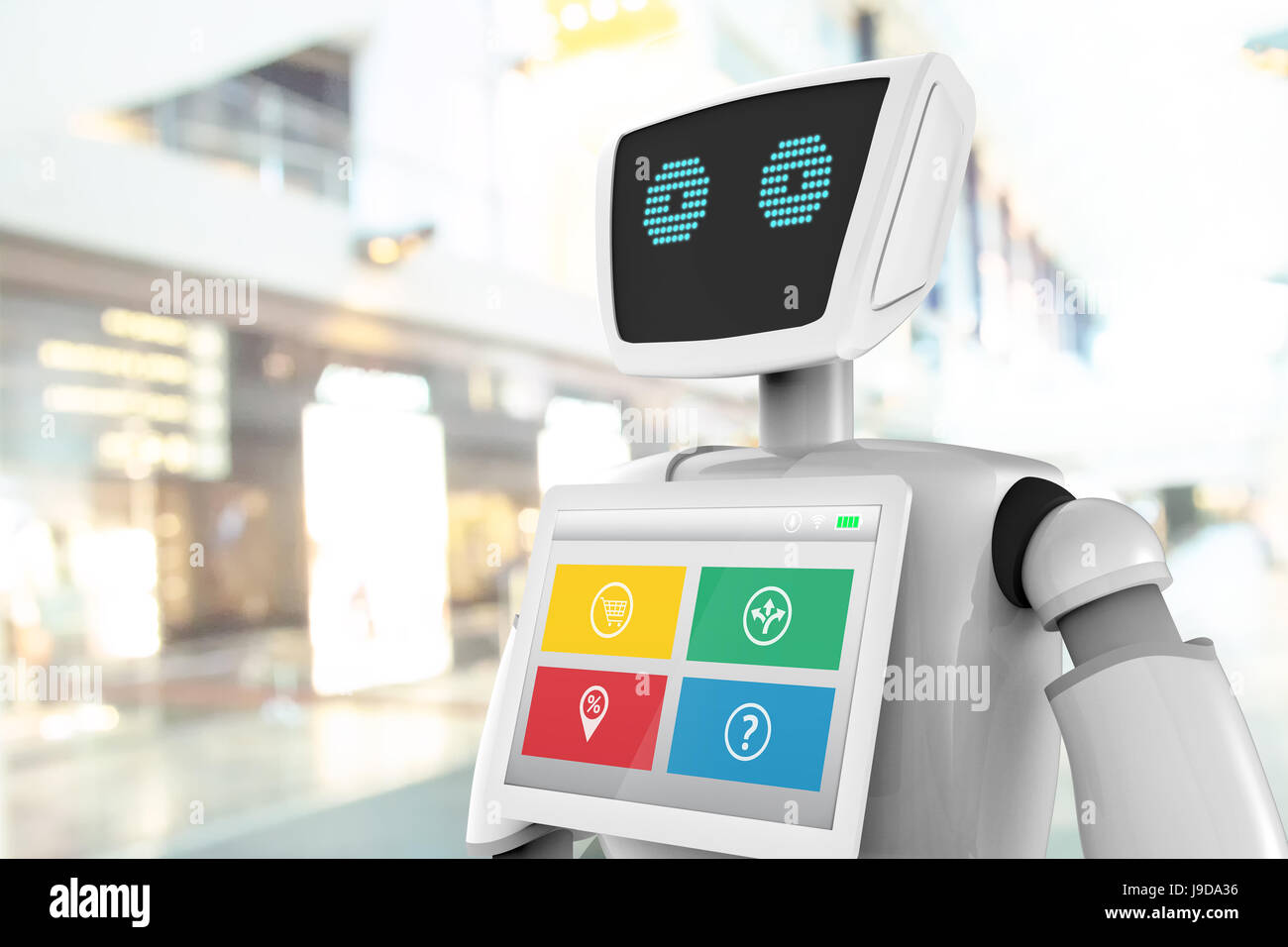 Robotics Tecnologia Tendenze concetto aziendale. Autonomo assistente personale robot per la direzione di navigazione e gli elementi nel retail mall shop blur backgroun Foto Stock