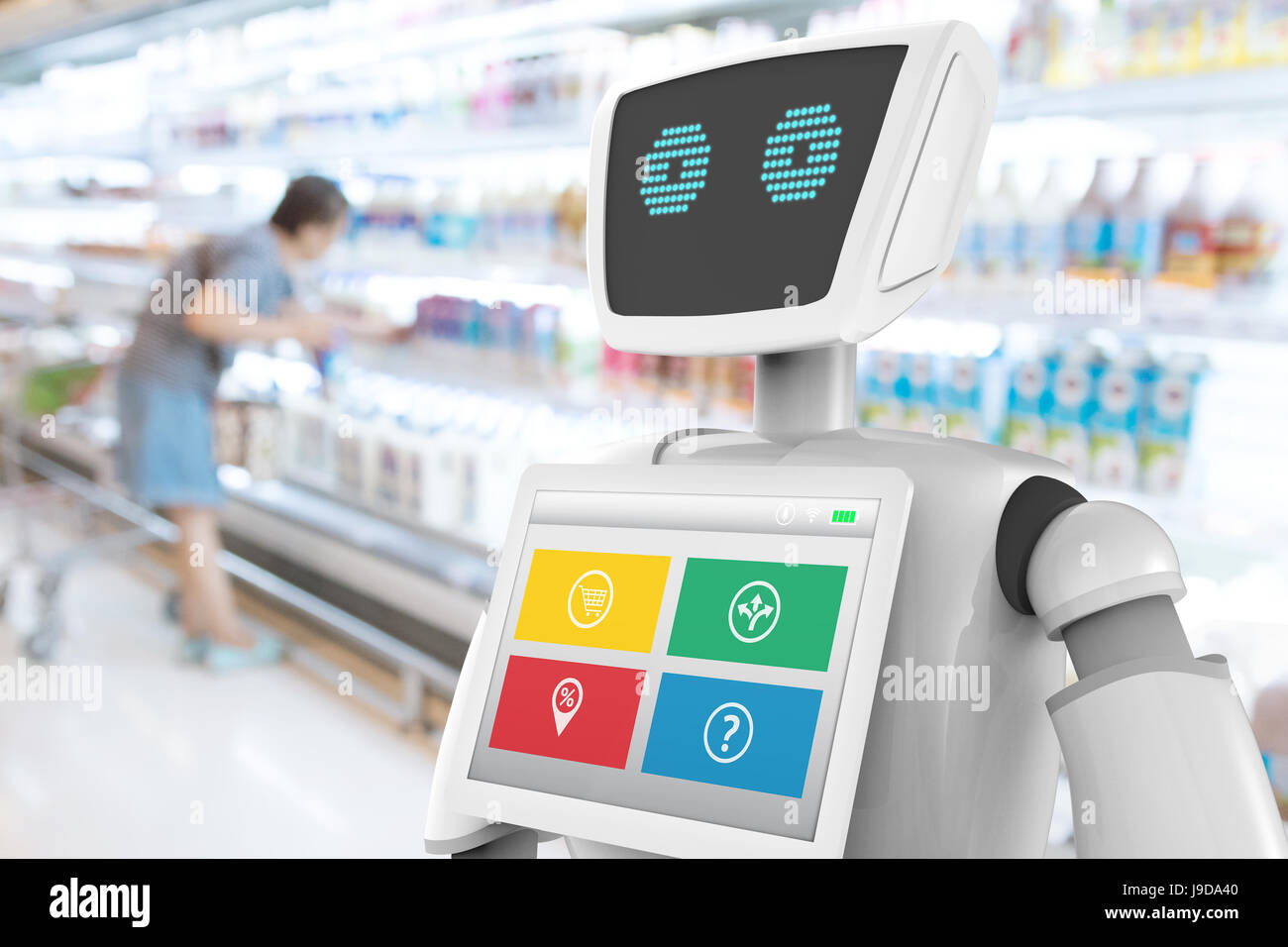 Robotics Tecnologia Tendenze concetto aziendale. Autonomo assistente personale robot per la direzione di navigazione e gli elementi nel retail mall shop blur backgroun Foto Stock