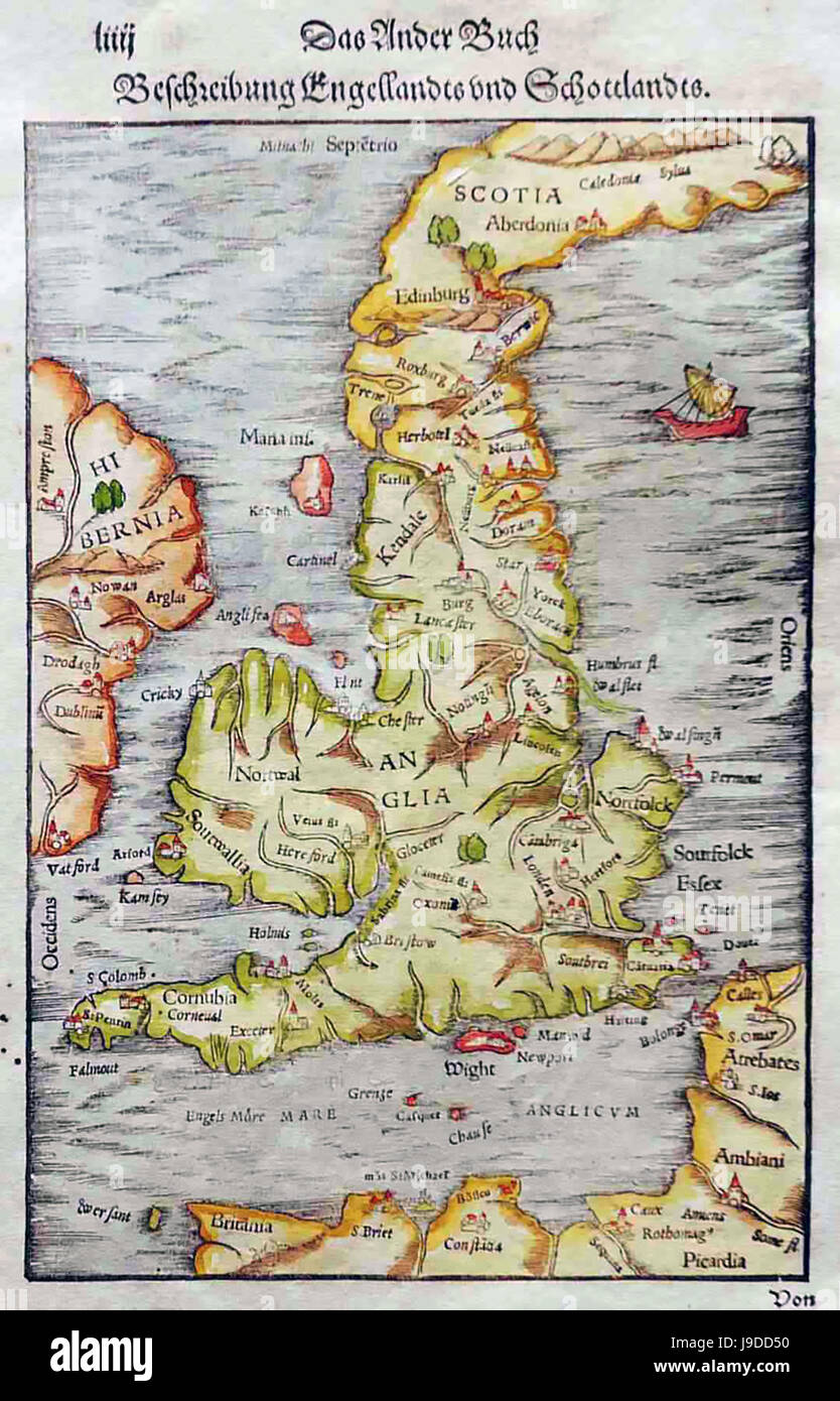 SEBASTIAN MÜNSTER (1488-1552). Cartografo tedesco. Mappa della Gran Bretagna dal suo 1544 libro 'Cosmographia' Foto Stock