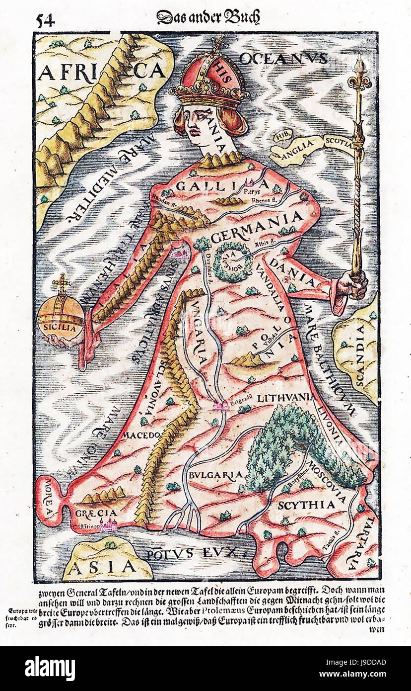 SEBASTIAN MÜNSTER (1488-1552) Tedesco cartografo. L'Europa come una regina dal suo libro 1570 'Cosmographia' Foto Stock
