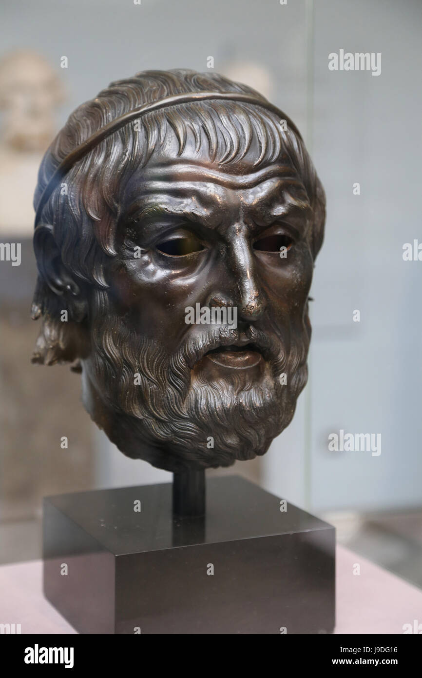 Sophocles (497-406 a.C.). Il Greco antico tragedian. Ritratto in bronzo. 300-100 A.C. Da Izmir, in Turchia. British Museum. Londra. Regno Unito. Foto Stock