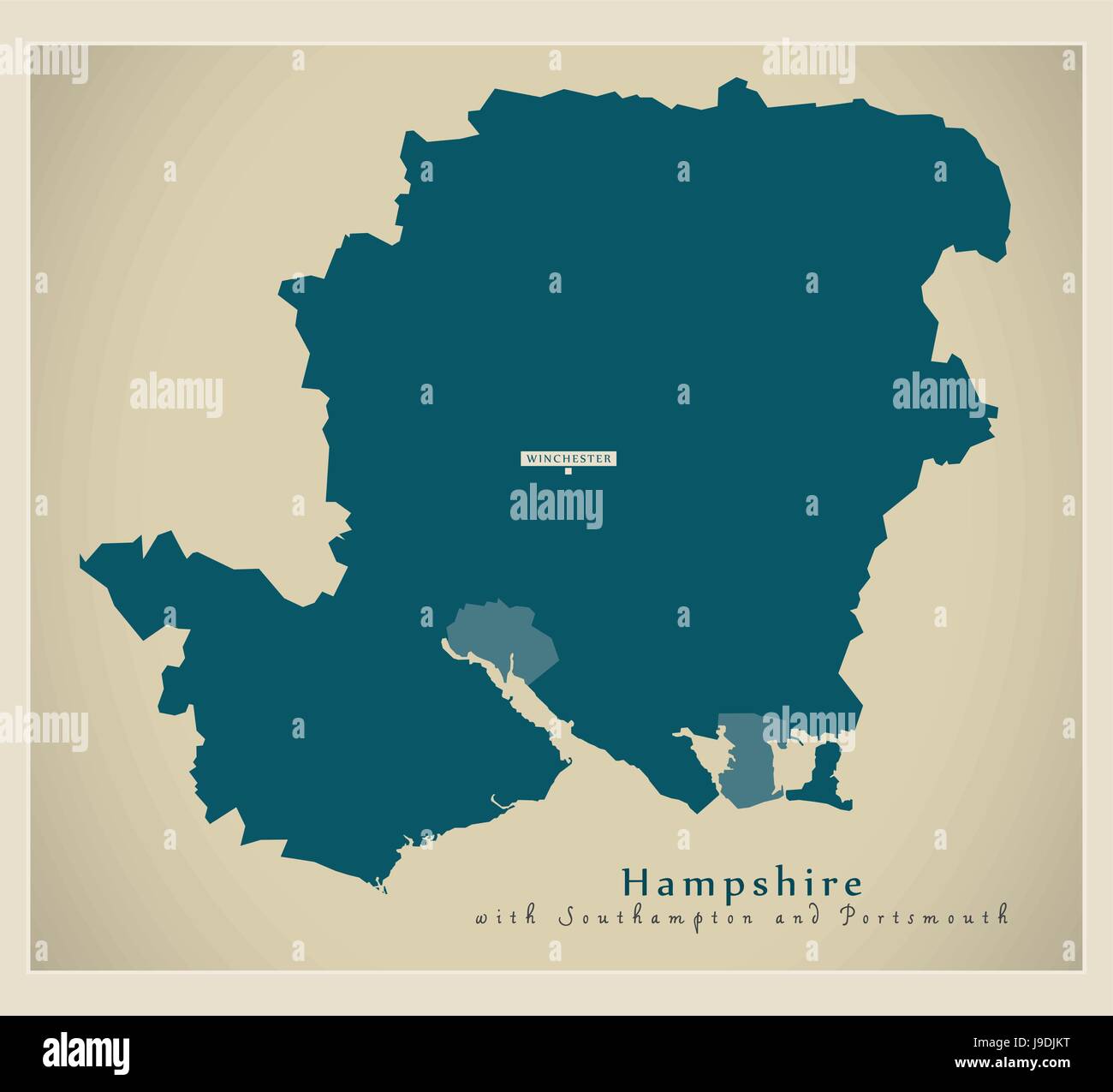 Mappa moderno - Hampshire county incluso Southampton e Portsmouth Regno Unito illustrazione Illustrazione Vettoriale