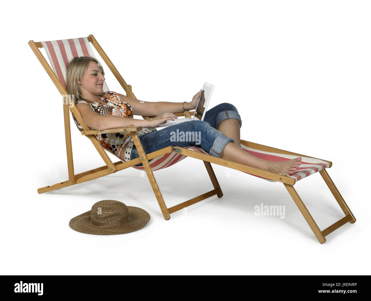 Donna, relax, scalzi, sedia reclinabile, donna ridere risate, ridere, Foto Stock