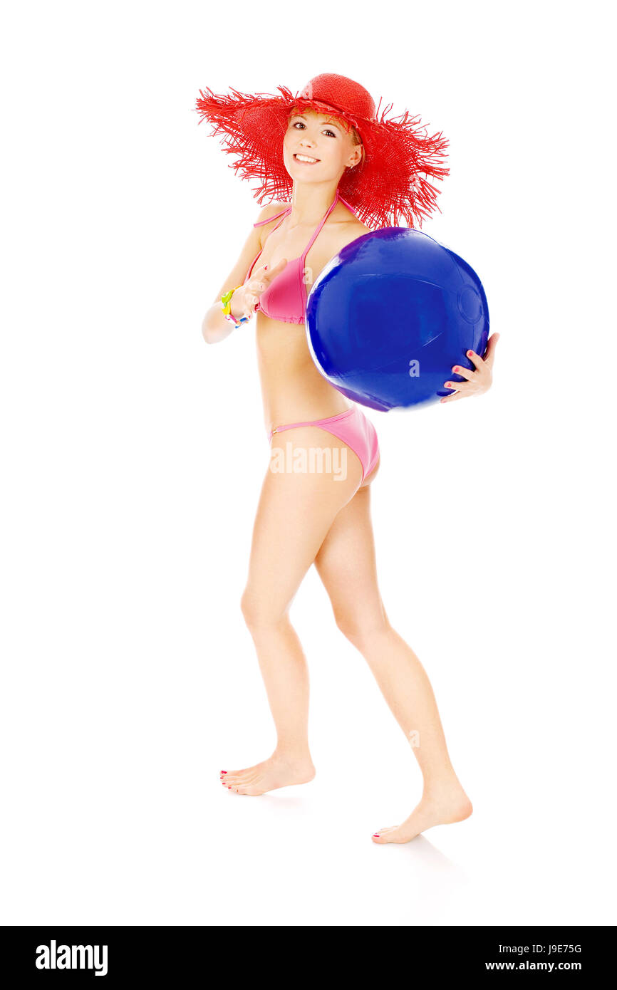Donna, isolato, sfera, cappello, bikini, lieti, mancanza di ambizione, entusiasta, Foto Stock