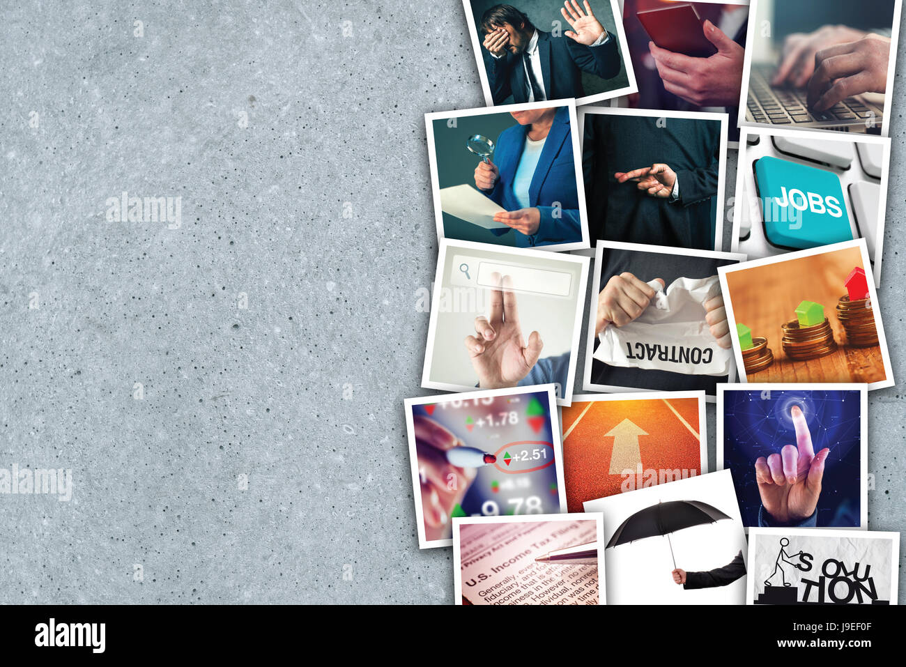 Business e imprenditorialità photo collage su cemento grigio sfondo Foto Stock